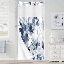 Litabel Small No Hook Navy Watercolor Floral Shower Curtain and Liner Set, Flower Shower Curtains with Snap in Liner for Summer Bathroom Decor, Modern Botanical Waterproof Shower Curtain Set,36x74