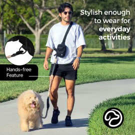 SimplePaws Hands Free Dog Leash with Poopy Bag Dispenser and Dual Bungee, Crossbody Bag Storage - for Medium and Large Dogs (Beige)