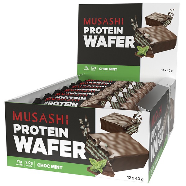 Musashi Protein Wafer Bars 40g x 12 - Choc Mint - Expiry 15/12/24