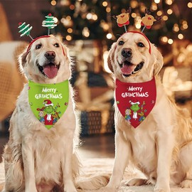 Christmas Dog Bandana Puppy Scarf - Merry Christmas Holiday Party Dog Outfits - 2 Pcs Adjustable Triangle Reversible Dog Bandanas for Small Medium Large Dogs