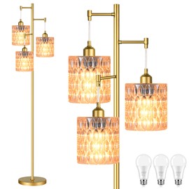 AHDWDW 3 Lights Tree Floor Lamps for Living Room,Gold Modern Floor Lamps with Amber Glass Shades,Vintage 68IN Standing Tall Lamp with 800 Lumens Bulbs,Mid Century Floor Lamp for Bedroom Corner Office