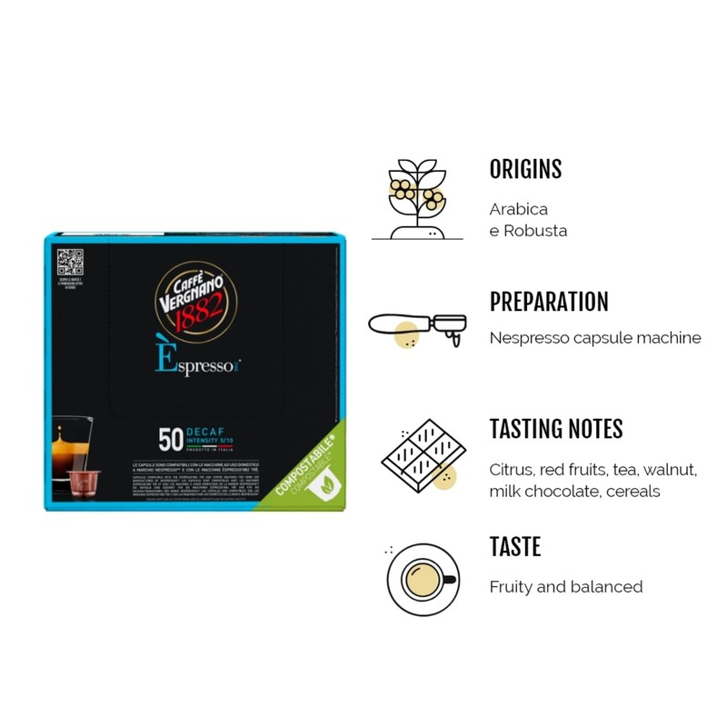 Caffè Vergnano 1882 Èspresso Decaffeinato, compostable Nespresso® compatible capsules -
