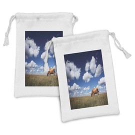 Ambesonne Cattle Fabric Pouch Set of 2, Digital Image of a Cow Feeding on Dry Meadow with Blue Sky and Clouds Background, Small Drawstring Bag for Toiletries Masks and Favors, 9" x 6", Multicolor