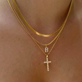 Feskive Layered Gold Necklaces for Women，Stackable 14K Gold Plated Tiny Initial Necklaces Simple CZ Cross necklace Dainty Layered Necklace Different Length Pendant Necklace Gold Jewelry Set for Women