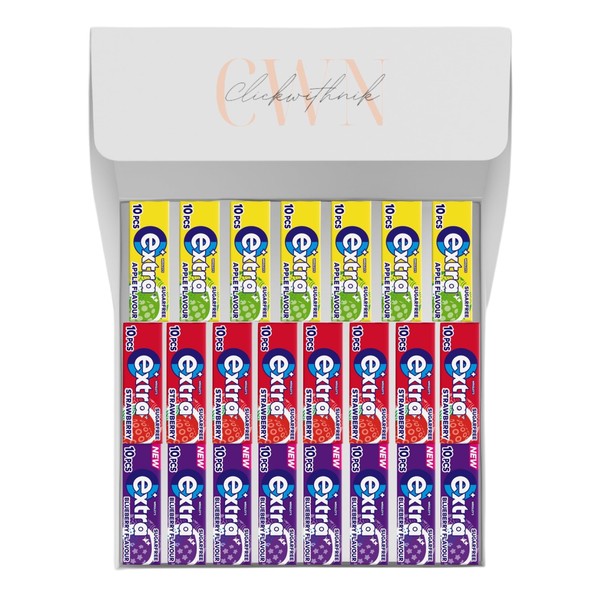 Wrigleys Extra Fruity Chewing Gum Bundle - 23 Mixed Fruit Chewing Gum Pieces Box (230 pieces) Strawberry, Blueberry and Apple Chewing Gum - Exclusive to ClickwithNik