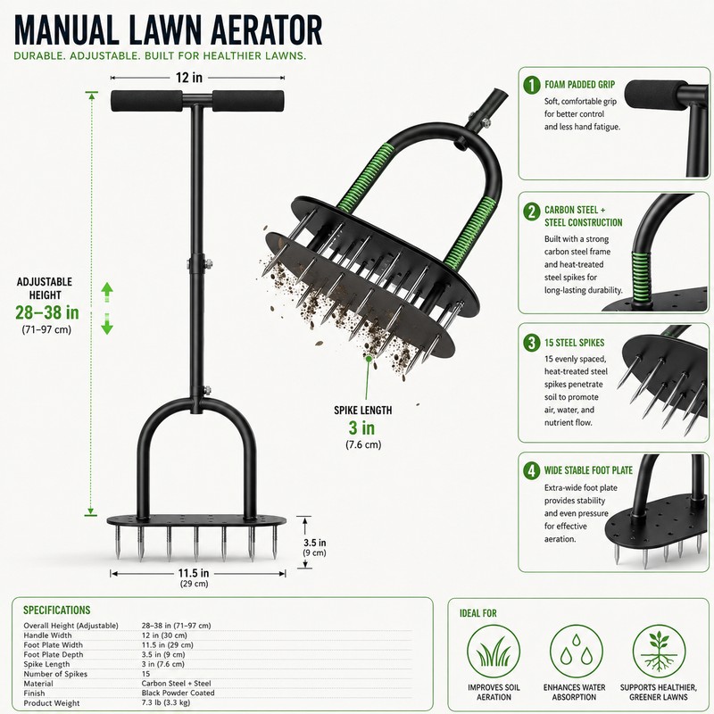 Manual Lawn Aerator for Soil Care – 15-Spike Adjustable Yard