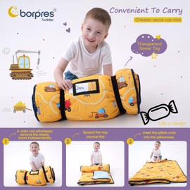 BORPRES Toddler Nap Mat-Nap Mats for Preschool Daycare Boys Girls,Kids Sleeping Mat with Removable Pillow and Blanket,Extra Thick Large Slumber Bag for Travel Camping,Gold Excavator.