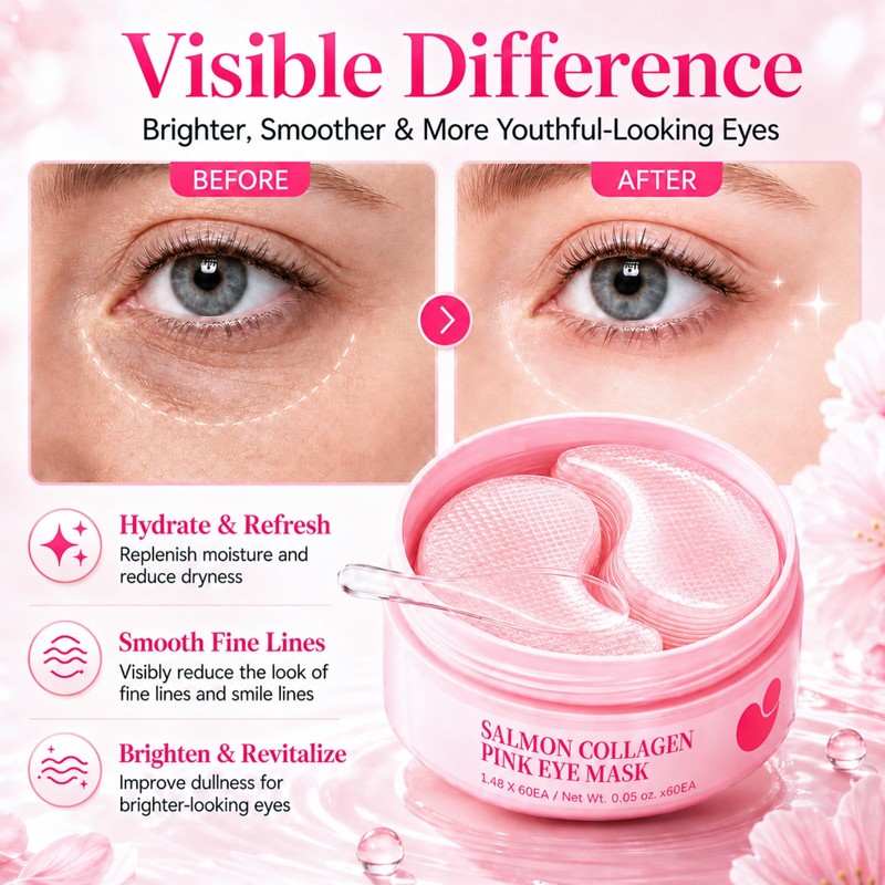 Collagen Eye Patches,Pink Under Eye Mask for Dark Circle, Puffy