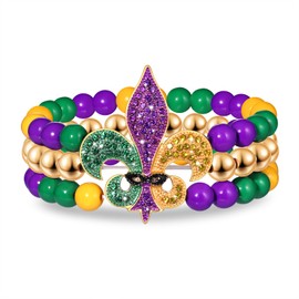 FAERLIIRY Mardi Gras Bracelets for Women Carnival Stack beaded Bracelet Bangles Mask Fleur De Lis Charm Elastic Bracelets Purple Green Gold Stretch Bracelets Mardi Gras Accessories (Mardi Gras-3F)