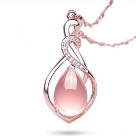 ALOHAMONI Pink Opal Necklace Cubic Zirconia CZ Diamond Pink Gold Chain Silver 925 Pink Opal Length 45 cm