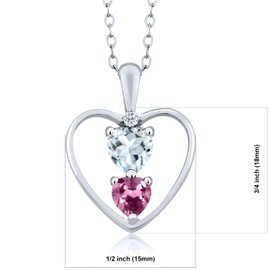 Gem Stone King 925 Sterling Silver Sky Blue Aquamarine Pink Tourmaline and White Topaz Pendant Necklace For Women (0.66 Cttw, Gemstone March Birthstone, Heart 5MM and 4MM, with 18 Inch Silver Chain)