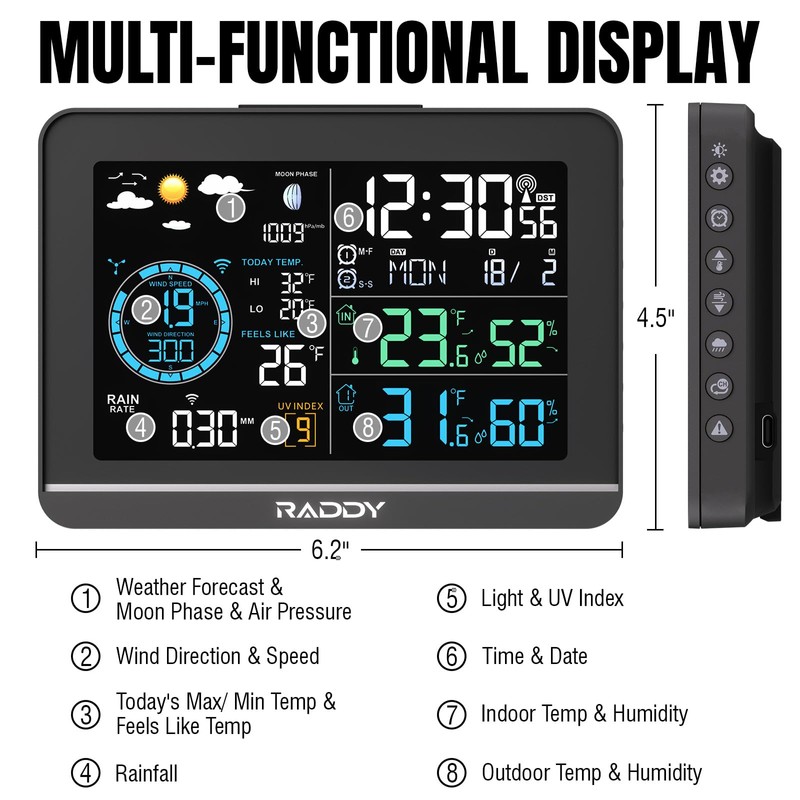 Raddy UV-6 Professional Weather Station with 6" VA Display and