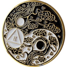 RecoveryChip 2 Year AA Medallion Sakura Tree Cherry Blossom Ying Yang Black and White Serenity Prayer Medallion