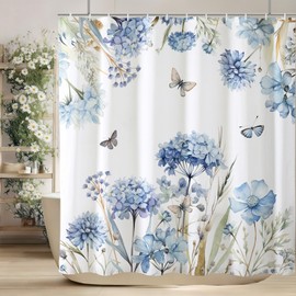 Baccessor Blue Floral Shower Curtain Spring Hydrangea Shower Curtain Farmhouse Polyester Fabric Seasonal Bathroom Home Decor Bath Waterproof Weighted with Metal Hooks 72x72 Inch