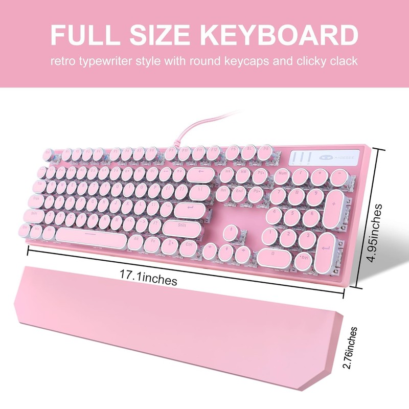 Camiysn Typewriter Style Mechanical Gaming Keyboard, Pink Retro Punk Gaming