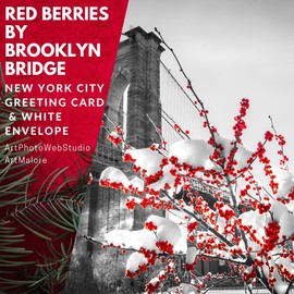 ArtMalore Red Berries by Brooklyn Bridge New York City Holiday Greeting Card - 5x7 Inch, Blank Inside, Premium Card Stock with Eco-Friendly Envelope, Frame-Ready, Made in USA