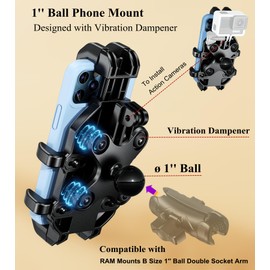 BRCOVAN 1'' Ball Phone Mount Holder with Vibration Dampener, Compatible with RAM Mounts B Size Double Socket Arm, Adjustable Heavy Duty for Bike Motorcycle Scooter ATV UTV, Fit 5.4-6.9'' Cellphone