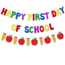 Pre-Strung Happy First Day of School Decorations Banner Back to School Pencil Apple Garland for Classroom Teacher Office School Photo Backdrop Party Favors Colorful Glitter NO DIY