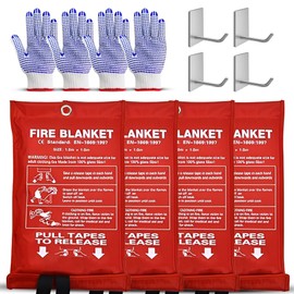 HAZARD HERO Fire Blanket 4 Pack, 1m x 1m Fiberglass Emergency Blanket with Heat Resistant Gloves & Hooks, for Use in Kitchen, Home, Car, Camping, Small Fire Safety Situations