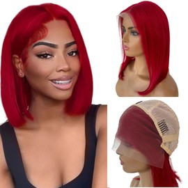 Red Bob Wig Human Hair Pre Plucked HD Transparent 13X4 Straight Red Blunt Cut Bob Wig Human Hair Lace Frontal Wig With Baby Hair Natural Hairline Glueless 100% Unprocessed Human Hair