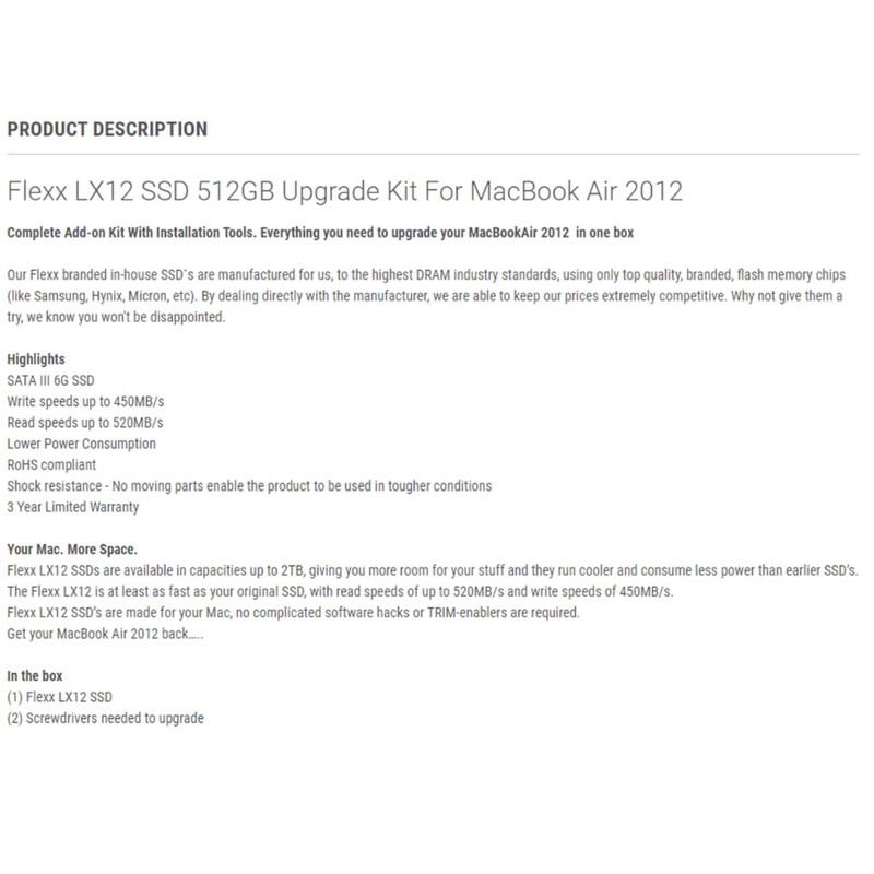 FLEXX LX12 SSD 512GB Upgrade Kit Compatible with MacBook Air