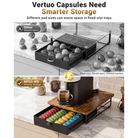 EVERIE Coffee Pod Holder Drawer, Compatible with Nespresso Vertuo Capsules, Holds 40 Large or 52 Small Pods, Flexible Slots for 4 Capsule Sizes, Rustic Brown Countertop Organizer, 15.6" Dx13 Wx3.7 H