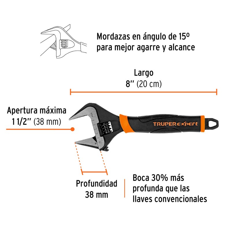Truper Expert PET-8XA Llave ajustable (perico) 8" boca ancha Comfort