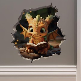 Dragon Reading in Wall Hole Decal - Mouse Hole Wall Sticker with 3D Effect