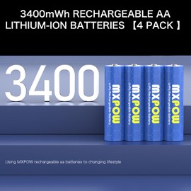 MXPOW AA Batteries Rechargeable Lithium,1.5V 3400mWh, 4 Pack 1500 Cycle, for Cordless Phones, Household, Home Security, Remote Controls, Electronics