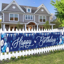 Happy Birthday Decorations Yard Banner - Blue Silver Birthday Decoration Banners for Women Men, Large Garden Sign Backdrop for Party Suppiles(274X37cm)
