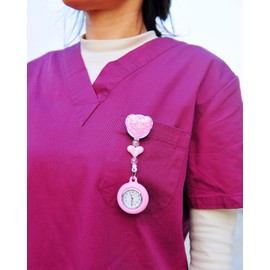 Qinsuee Nurse Watch with Retractable Clip, Nurse Fob Watch with Second Hand, Bling Retractable Nurse Watch, Lightweight & Precise Timekeeping (Pink)