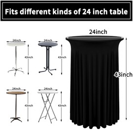 REWOMC 8 Packs Round Cocktail Table Skirt 24"x 43" Spandex Stretch Cocktail Tablecloth with Wavy Drapes, Black Spandex Fitted High Top Table Covers for Wedding Bar Party Birthday Banquet Table