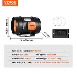 VEVOR Inline Duct Fan, 4-Inch 205 CFM Quiet EC-motor Ventilation Exhaust Fan, with Temperature Humidity Controller for Cooling Booster, Grow Tents, Hydroponics - Diameter of Tube: 8 inch - EC Motor with Temp Humidity Controller