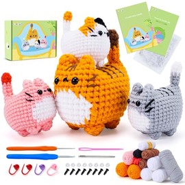 Crochet Kit for Beginners, Animal Cat Crochet Kit for Adults and Kids, Knitting Kits, Complete Crochet Set with Step by Step Video Tutorials, 4 Pieces Cat Crochet Animal Set, Surprise Gift