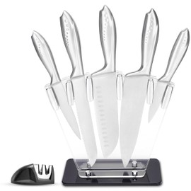 Hollory Kitchen Knife Set,7 Pieces Stainless Steel Kitchen Knife Set with Clear Acrylic Block and Sharpener,Non-Stick Kitchen Knife for Cutting of Meat Vegetables and Fruits-Silver