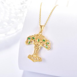 TANGPOET 24K Gold Plated Thor Hammer Necklace Sterling Silver Mjolnir Tree of Life Pendant Nordic Viking Jewelry Gifts for Women with 18"+2" Chain