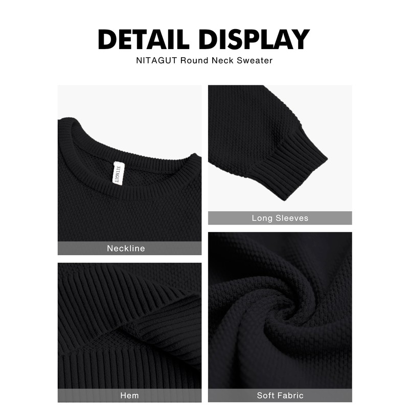 NITAGUT Mens Crew Neck Casual Classic Knitwear Lightweight Ribbed Trim