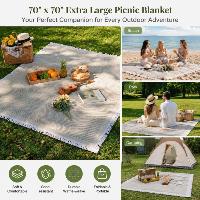 70''x 70''Extra Large Picnic Outdoor Blanket,Foldable Blankets Picnic Mat for