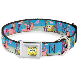 Buckle-Down Seatbelt Buckle Dog Collar - SpongeBob & Patrick Starfish Jellyfishing Scenes - 1" Wide - Fits 15-26" Neck - Large