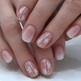 Ballerina Flower Press on Nails Glossy Gradient Glue on Nails Short Square Acrylic Nails Reusable False Nails for Women Girls