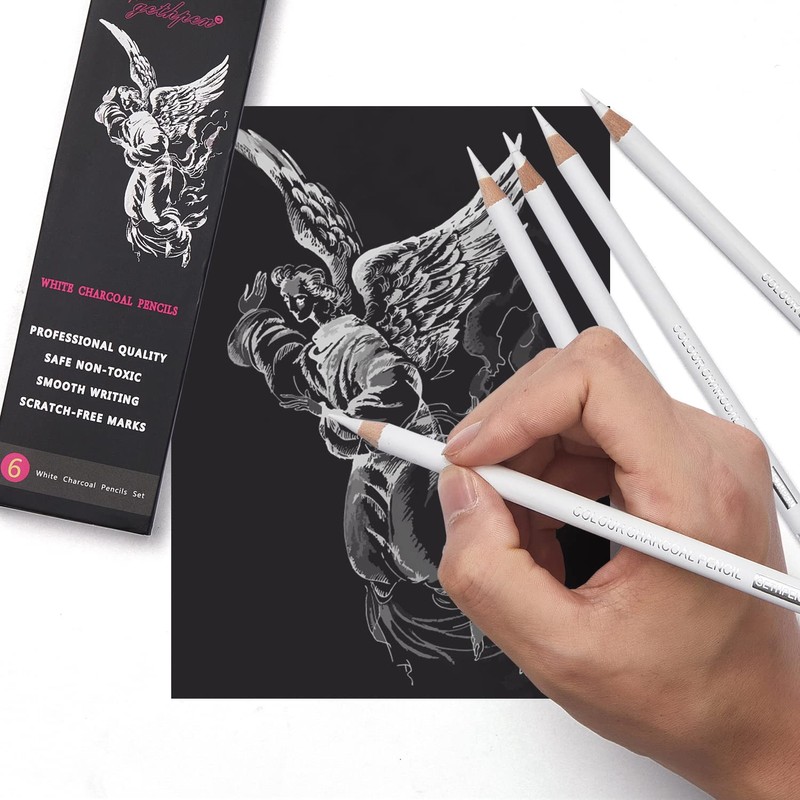 GETHPEN Professional White Charcoal Pencils Set - 6 Pieces Sketch