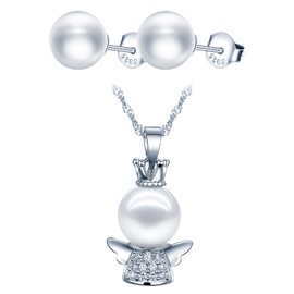 CPSLOVE Pearl Necklace and Earrings for womens and girls, 925 Sterling Silver Jewellery Sets, Little angel white pearl necklace pendant, Inlaid zircon, Pearl earrings studs