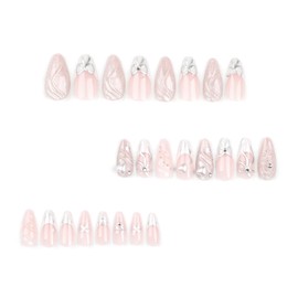 French Tip Press on Nails Almond, Fake Nails with 3D Silver Bow & Pearl Design, Medium Acrylic Glue on Nails Press ons Glossy Full Cover Stick on False Nails for Women Manicure 24 Pcs