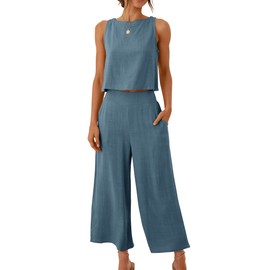 ANRABESS Women's Summer 2 Piece Outfits Sleeveless Crop Top Capri Wide Leg Pants Jumpsuit Casual Linen Lounge Matching Sets Beach Travel 2025 Trendy Clothes Gray Blue X-Large
