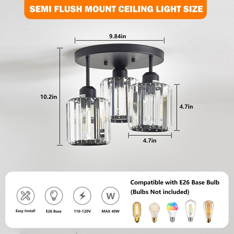 Aixialin 3-Light Modern Close to Ceiling Light Fixtures,Black Kitchen Light