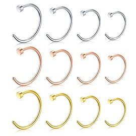 JFORYOU 12-24 Piece Stainless Steel Nose Ring / Piercing Hoop Set, 18G, 1.0 mm, 6 mm, 8 mm, 10 mm, 12 mm, Stainless Steel