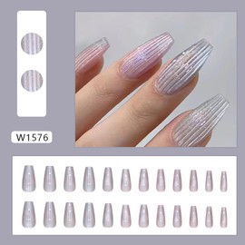 Press on Nails Square Medium Length Glossy Full Cover Acrylic Square Shape False Nails with Designs Artificial Short Coffin Fake Nails with Charms Glue Stick on Fingernails for Women Girls(W1576)