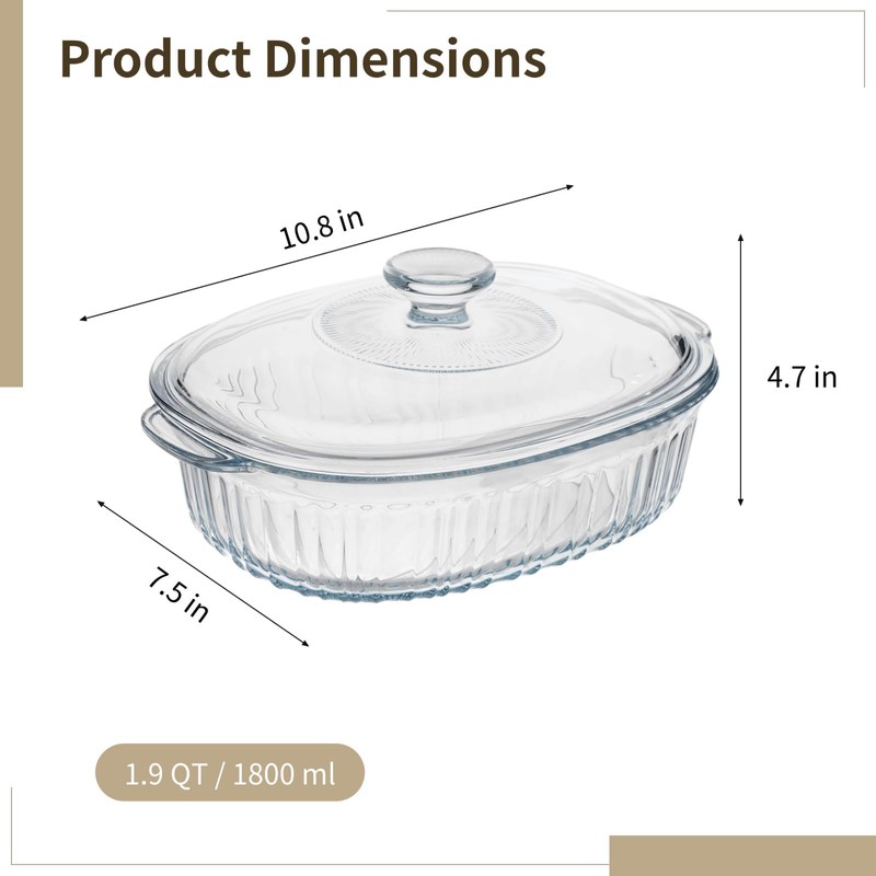 1.9 QT Oval Glass Casserole Dish with Lid and Handle,