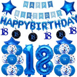 Pargleev 18th Birthday Decorations, 40 inch Number 18 Birthday Balloons with Swirl Decorations Happy Birthday Banner and Star Foil Balloons Confetii Latex Balloons for Party Decorations Blue
