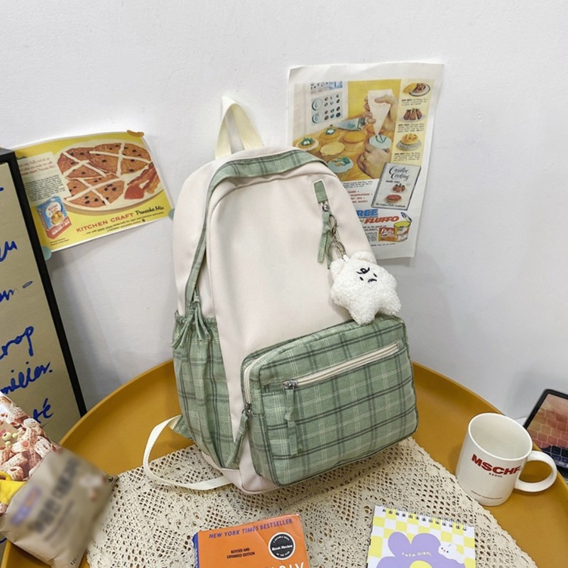 Cute Plaid Backpack with Plush Pendant Lightweight Large Capacity Student
